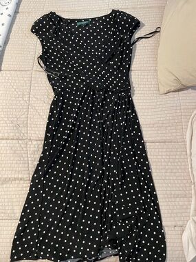 Polka Dot Ralph Lauren Black White Wrap Midi Dress Shoulder pads size 8 Trendy